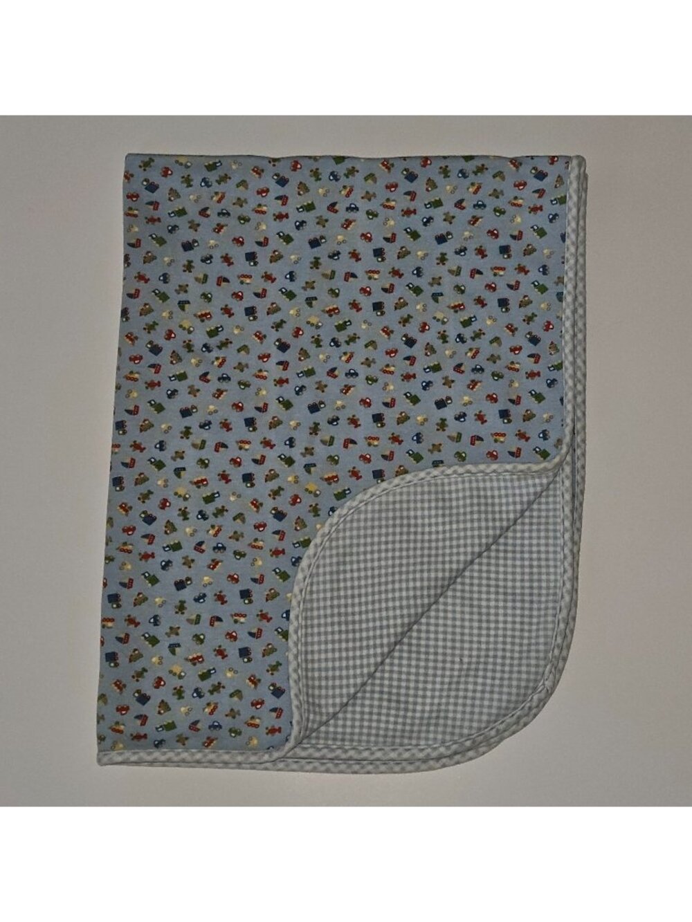 VTG Blue Cotton Baby Blanket Gingham Vehicle Car Truck Airplane Red Yellow Green